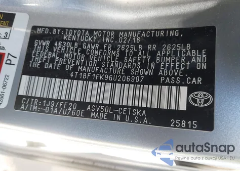 2016 Toyota Camry Se из США, поврежденный, VIN 4T1BF1FK9GU206907